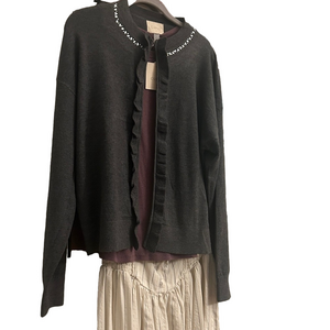 Gray Sweater with Embellished Collar Ruffle Open Front Top Closure Cupio Size L